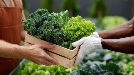 Two hands transfer fresh greens, highlighting a collaboration in an organic farm amidst a flourishing garden backdrop