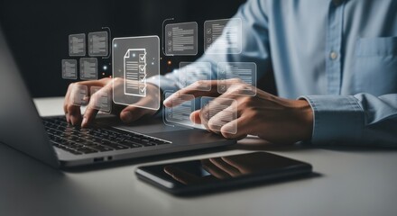 Person interacting with digital documents on a laptop checklist technology