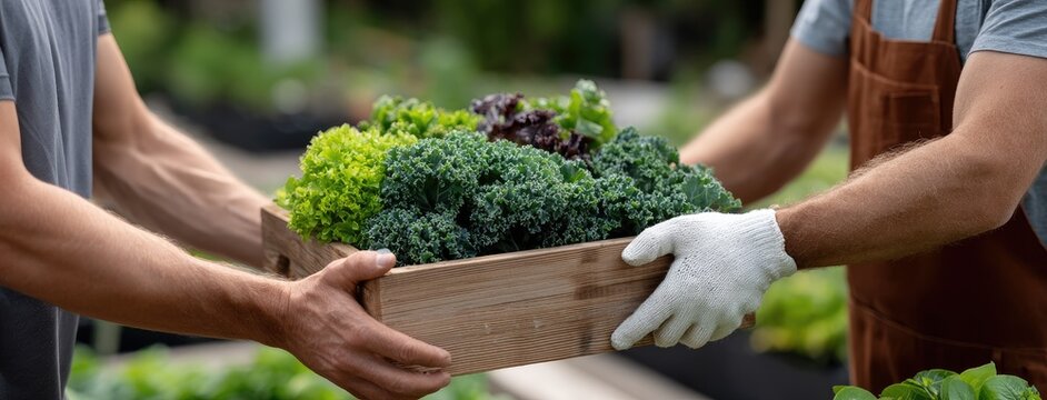 Two hands transfer fresh greens, highlighting a collaboration in an organic farm amidst a flourishing garden backdrop