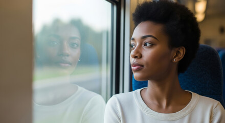 Thoughtful African American woman gazing through window with reflection, contemplative moment, natural light, introspective mood, peaceful solitude