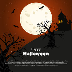 Happy halloween party poster banner with big light moon and Halloween creepy tree and castle around