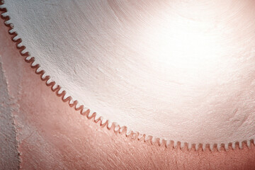 Abstract minimalist saw blade silhouette on canvas, metallic texture, soft pink and white color palette, industrial art, modern design, closeup detail, creative composition