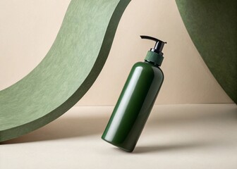 Minimalist Beauty Product Presentation with Abstract Organic Shapes and Dark Green Pump Bottle