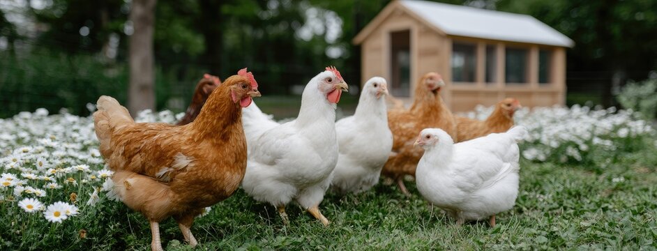 Chickens explore a patch of wildflowers while a charming wooden chicken coop stands in the background, set in a peaceful outdoor scene - Powered by Adobe