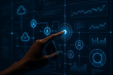 Human hand interacting with a futuristic digital interface