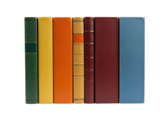 Vintage hardcover books, rich aged colors, subtle wear, uniformly sized, perfectly aligned on transparent studio surface with bright shadowless lighting. Elegant product display concept