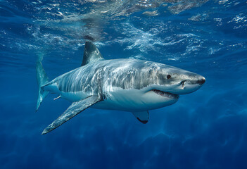 Fototapeta premium Great white shark in deep blue water.