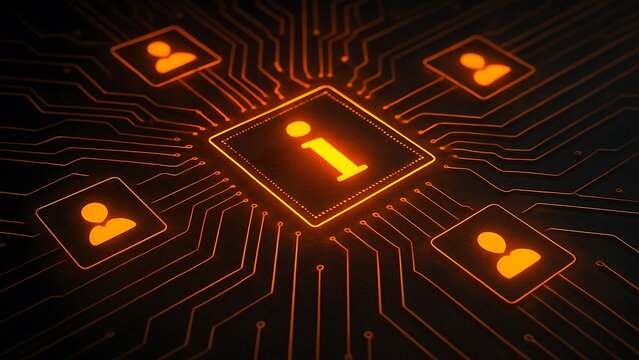 Information hub connecting to user profiles on a glowing digital circuit board