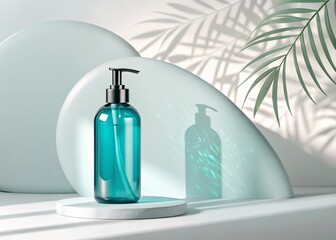 Refreshing Ocean Scented Hand Sanitizer Bottle with Smooth Texture and Tropical Leaf Shadows Creating a Serene Atmosphere