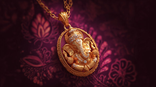 golden ganesha pendant with gemstones on festive background — ideal for use in jewelry advertisements, hindu festival promotions, or spiritual product packaging design, ganesh chaturthi festival 