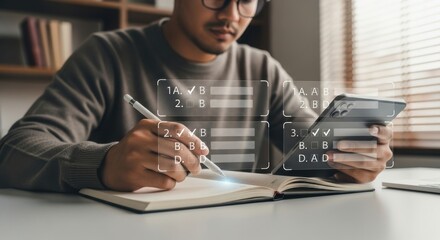Person taking online quiz using digital tablet and stylus male glasses