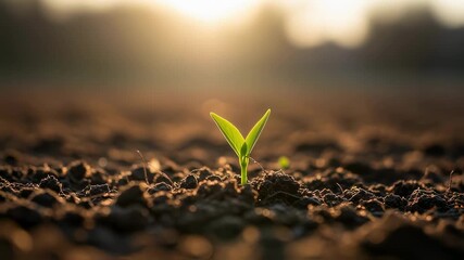 Golden sunlight illuminating delicate green seedling emerging from nutrient rich dark soil, symbolizing growth, hope, and natural regeneration in agricultural landscape