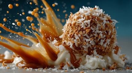 Delicious coconut crusted dessert drizzled with caramel sauce in a dramatic splash