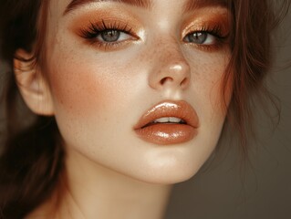 Fototapeta premium High fashion portrait with mocha inspired makeup warm brown tones soft highlights and effortless glow