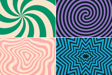 Abstract Hypnotic Swirl Patterns: Retro Psychedelic Backgrounds in Teal, Purple, Pink, and Blue.