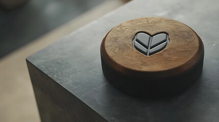 Wooden disc with heart-shaped emblem on a grey surface