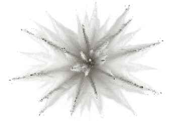 Voluminous explosion of fine white powder, individual microscopic particles scattering in a radial starburst pattern against a transparent background, no shadows, commercial product concept