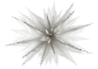 Voluminous explosion of fine white powder, individual microscopic particles scattering in a radial starburst pattern against a transparent background, no shadows, commercial product concept