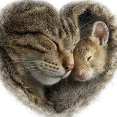 A cat and mouse sleep peacefully together, forming a heart shape isolated on transparent background