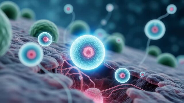 Biological animation revealing intricate fertilization process, depicting multiple sperm cells navigating toward egg cell and successful penetration leading to potential embryonic development