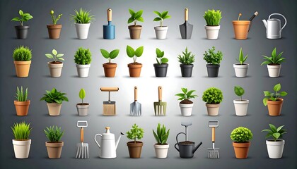 Many potted plants and gardening tools