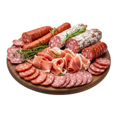 Delicious charcuterie board featuring assorted salami, prosciutto, and herbs arranged on a wooden platter for a gourmet appetizer.