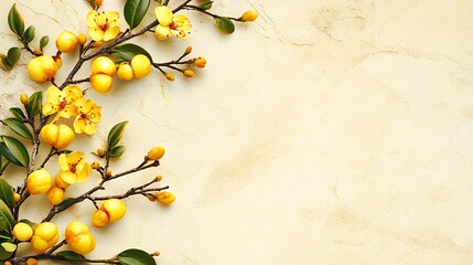 Yellow blossoms and branches on a light beige surface