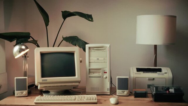 Retro pc computer gaming, Desktop vintage with loading code console, programmer making scripts, green basic screen, Old computer studio close-up, retro wave display, late 90s PC.