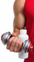 Male athlete holding dumbbell and supplement bottle in red sportswear