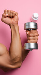 Strong male hand holding dumbbell and flexing arm on pink background