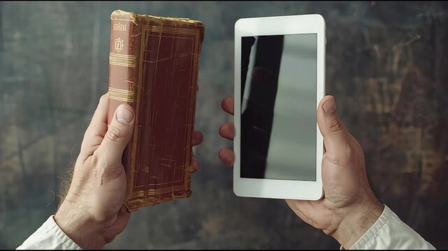Contemplative Studio Contrast Between Time-worn Red-Leather Book and Contemporary White Tablet in Close-Up