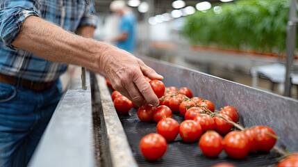 Hand carefully picks ripe tomatoes from the production line in a food processing facility, illuminated by soft, natural light