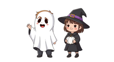 Kids in Costumes, Festive Setting, Illustration, Whimsical Atmosphere