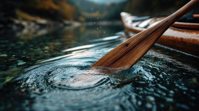 Close-up of kayak paddle dipping into clear water, ripples spreading out, natural setting - Powered by Adobe
