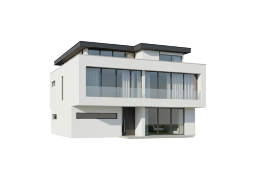 A modern, minimalist architectural residence with white facade, dark flat roof, floor-to-ceiling windows, glass balcony on transparent background, green bushes, paved driveway. Luxury real estate