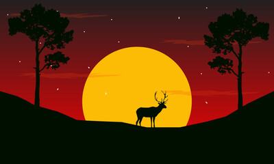 Silhouette of a deer standing at night under the light of the moon and stars