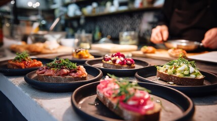 Group of friends enjoying tapas at an urban-style fusion restaurant, vibrant plated dishes on the table, chef garnishing plates at the bar counter, lively and stylish atmosphere