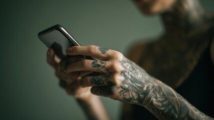 The tattooed hands of a modern individual texting on a smartphone.
