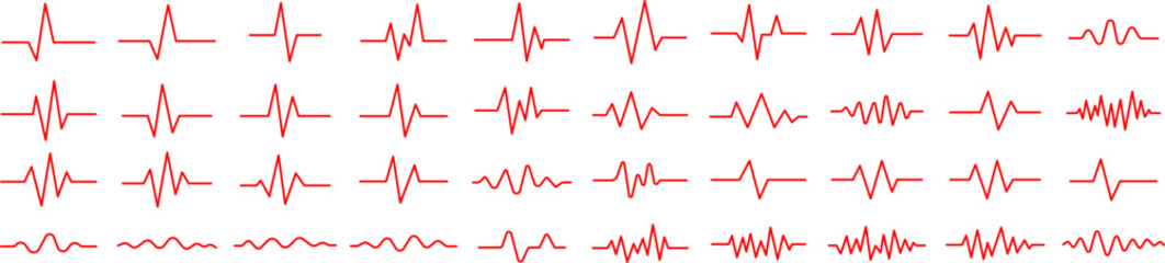 Set of red ECG heartbeat line or audio waveform line icons in various shapes. Isolated on transparent background, ideal for health monitoring, digital heartbeat graphics © thebeststocker