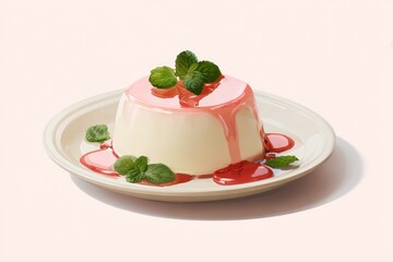 Creamy panna cotta topped with strawberry sauce and mint