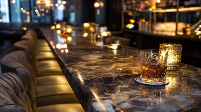 High-end hotel bar lounge at night, marble counter top with untouched cocktails and coasters, luxurious gold accents, soft ambient lighting, plush velvet seating empty, elegant and quiet,