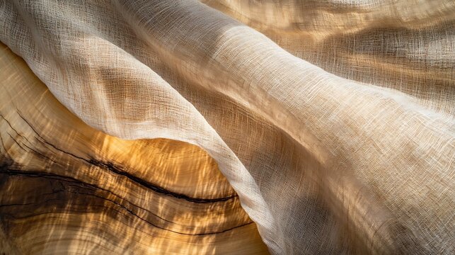 Abstract background with wood texture and flowing linen fabric creating depth and warmth