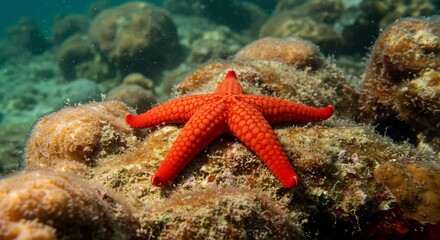 鮮やかな赤のヒトデ 海底の岩礁に静かに佇む 神秘的な光. AI Generated