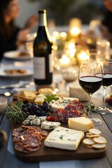 A cozy dinner with wine, cheese, and charcuterie under ambient lighting. Perfect for gatherings.