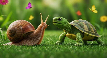 Naklejka premium 緑の草原でカタツムリと亀が穏やかに会話する 鮮やかな春の光. AI Generated
