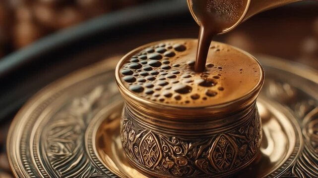 Aromatic Coffee Pouring: Capturing the rich aroma and deep flavor, a fresh cup of coffee is poured. This macro shot draws attention to the coffee's details and invites indulgence.