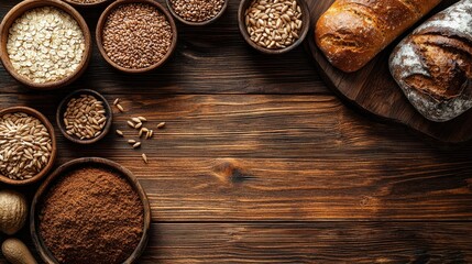 Assorted grains and breads on a rustic wooden table.  A top-down view showcases various types of whole grains, including oats, flax, and wheat, in small bowls, alongside loaves of artisan bread.  