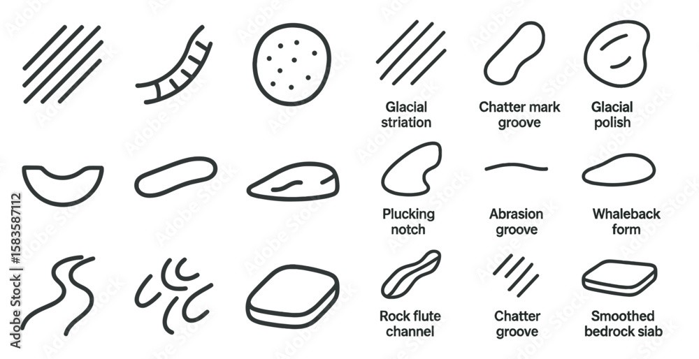 Poster series of shapes and lines are drawn in black. the shapes are of various sizes and are arranged in a