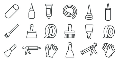 Set of tools and supplies for home improvement. The tools include a hammer, a screwdriver, a wrench, and a brush. The supplies include a tube of caulk, a tube of glue, and a roll of tape