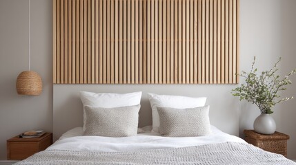 Wooden slatted headboard in Scandinavian design